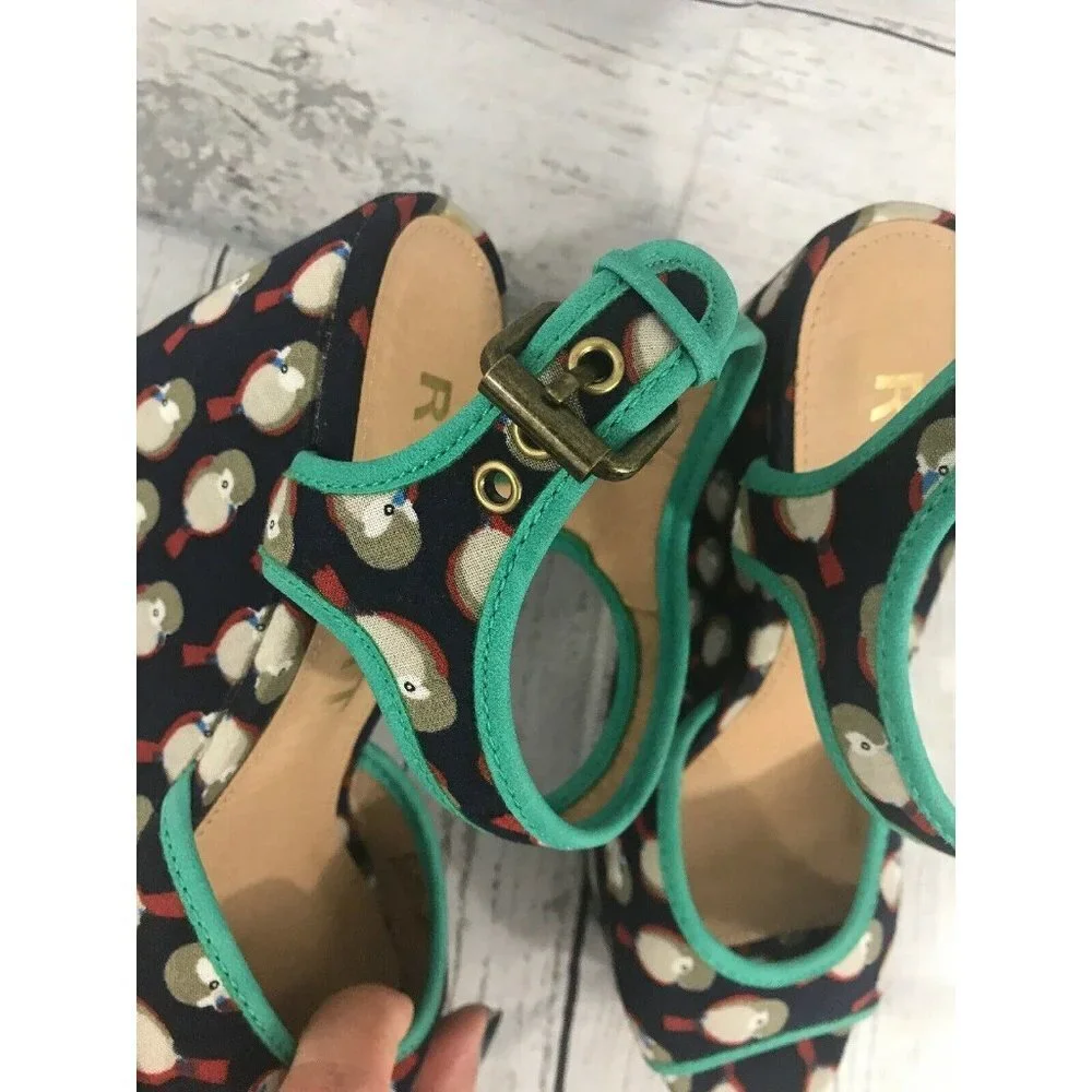 Report SHALA Navy Blue Bird Wedge Heel Sandals